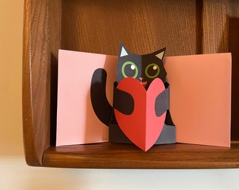 Pop Up Black Cat Peaking Over Heart - Handmade 3D Greetings Day Card