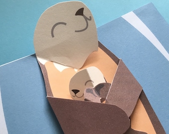 Pop Up 3D Sea Otter & Pup Mother's Day Greeting Card! PopUp Mum Father Child New Born Mothers Day