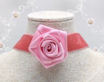 Pink rose velvet choker, Gothic Victorian jewelry, pink satin rose collar, pink rose necklace, gift for women, gift for her, birthday gift