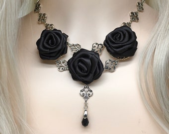 Gothic rose jewelry necklace for wedding, goth jewelry for prom, black rose necklace & earrings, black rose goth earrings, goth quinceanera