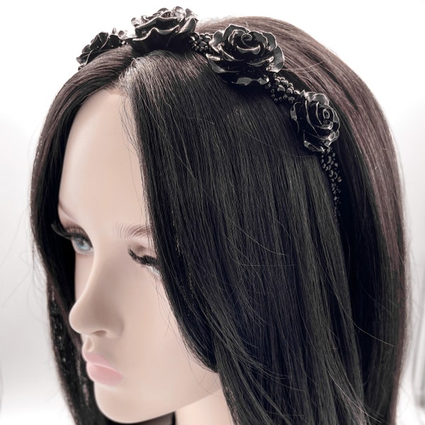 Schwarze Rose Haarschleife - Gothic Hochzeit Kopfschmuck & Tiara, Gothic Rose Kopfschmuck, Geschenk für Sie, Gothic Rose Stirnband