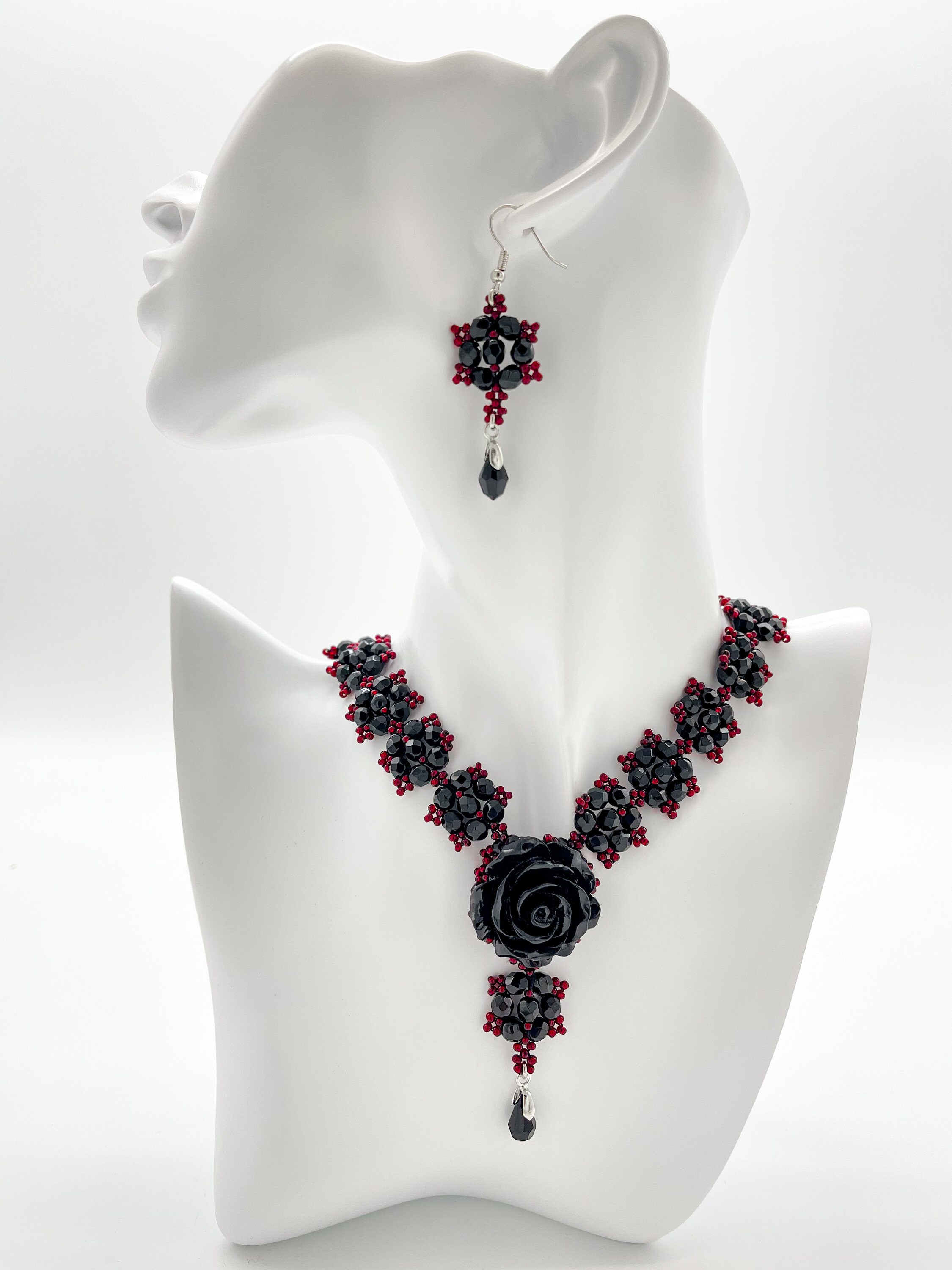 Gothic Black & Red Rose Jewelry Set, Gothic Wedding Jewelry, Black