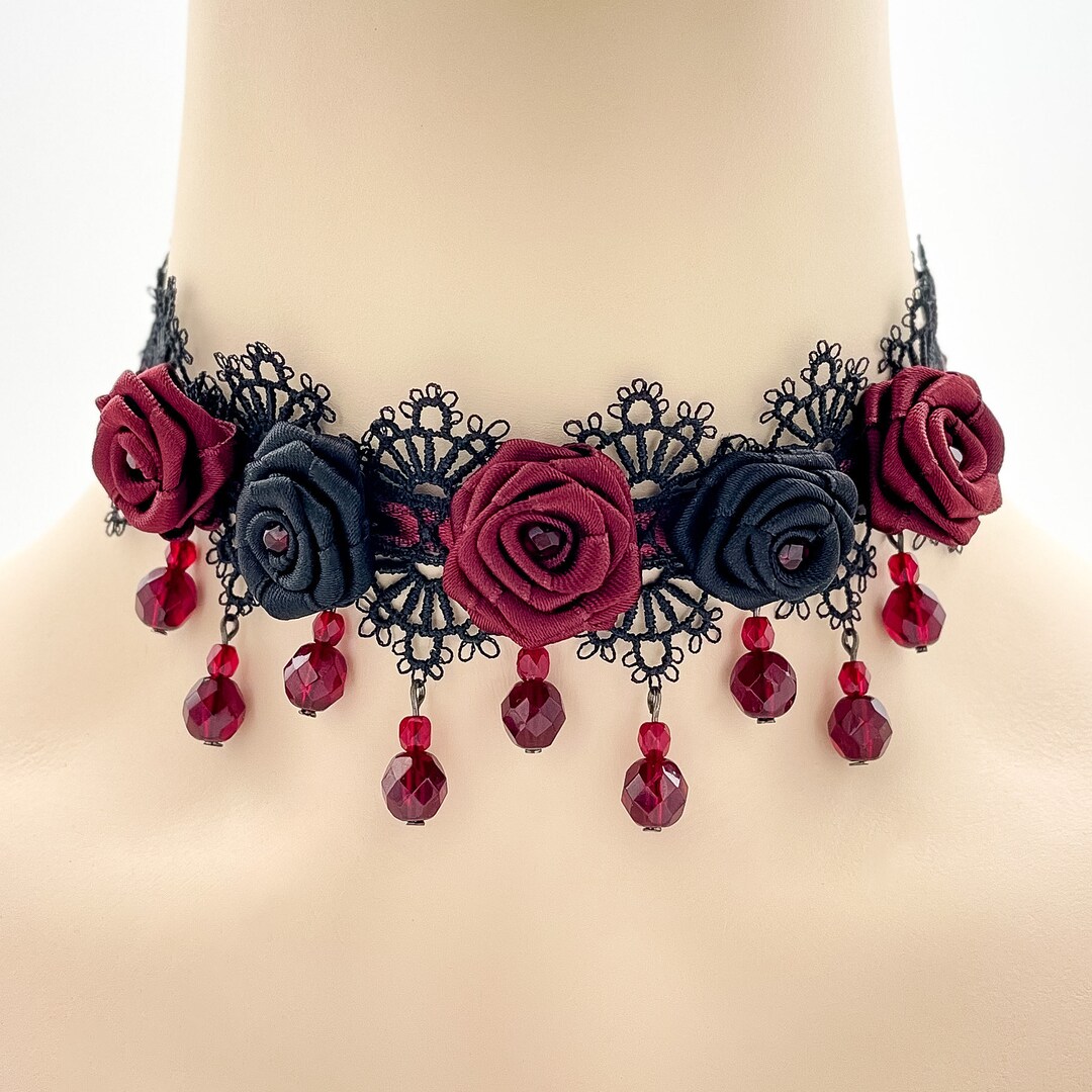 Gothic Rose Jewelry Set for Wedding, Goth Jewelry for Prom, Black and