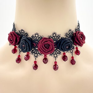 Gothic rose jewelry set for wedding, goth jewelry for prom, black and red rose necklace & earrings, goth lace jewelry set