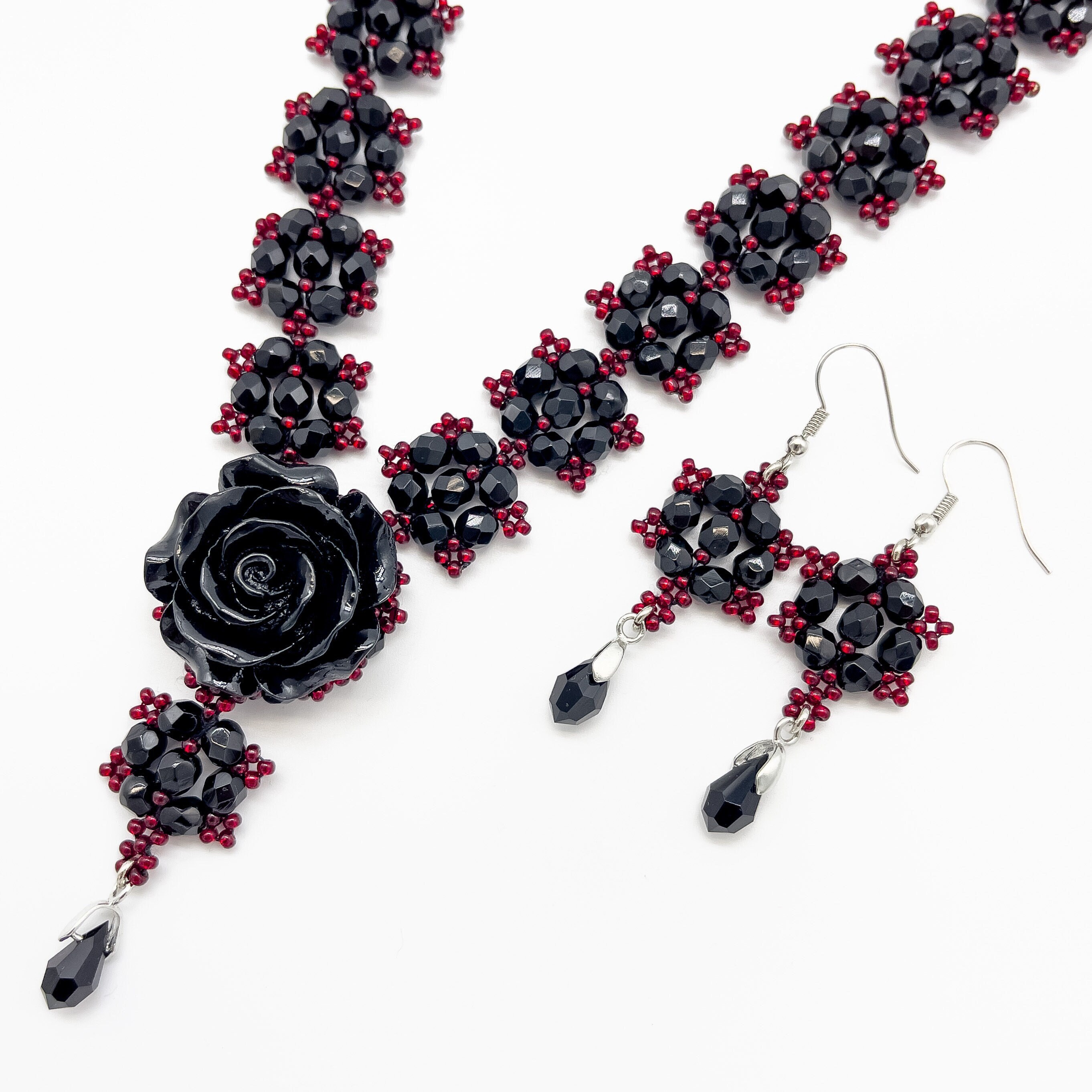 Gothic Black & Red Rose Jewelry Set, Gothic Wedding Jewelry, Black ...