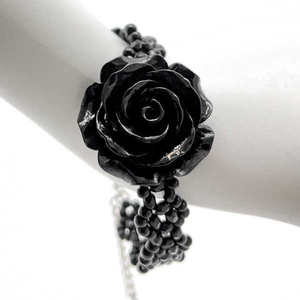 Gothic black Rose bracelet , gothic wedding jewelry, black victorian armband , gothic roses, gift for her, goth jewelry, roses jewelry