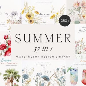 May include: A collection of watercolor designs with a summer theme. The image features floral arrangements, cocktails, and the text "SUMMER 37 in 1 WATERCOLOR DESIGN LIBRARY". Includes "golden rays" and "field blooms" designs.