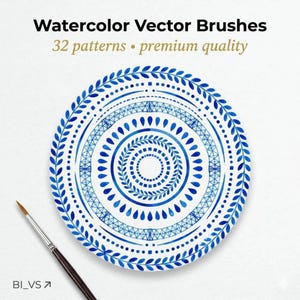 May include: A watercolor design with a blue and white circular pattern, featuring leaf and dot motifs. The text reads "Watercolor Vector Brushes, 32 patterns, premium quality." A paintbrush is positioned near the design.