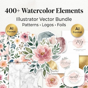 May include: A collection of watercolor design elements, including floral patterns, logos, and foil textures. The image features a variety of pink, green, and gold watercolor designs, with the text "400+ Watercolor Elements" and "Illustrator Vector Bundle" visible.