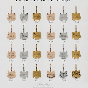 Op de afbeelding: Een selectie van katvormige huisdier-ID-tags, elk met een uniek ontwerp en naam. De tags zijn verkrijgbaar in verschillende metallic afwerkingen, waaronder goud, zilver en ros&eacute;goud. De tekst "Please Choose the design" staat bovenaan.