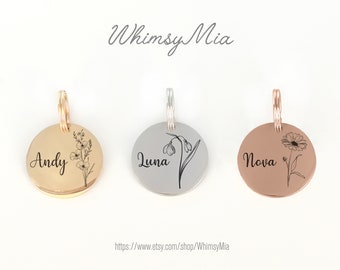 Gepersonaliseerde hondenpenning geboortebloemen, aangepaste hondenpenning, hondenpenning, hondenpenning bloemen, naamkaartje katten, kattenpenning meisjes, hondenpenning meisjes, Hundemarke