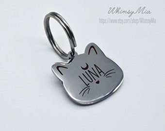 Personalized Engraved Cat Tag, Luna Moon Cat Tag, Custom Pet ID Tag, Cute Kitten Collar Charm, Gift for Cat Lover