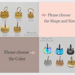 Op de afbeelding: Katvormige huisdier-ID-tags in verschillende kleuren en maten. De tags zijn verkrijgbaar in goud, zilver, ros&eacute;goud, zwart, blauw en regenboog. Maten vari&euml;ren van 2x1,9 cm tot 2,9x2,8 cm. De tekst op de afbeelding luidt "Kies de vorm en maat" en "Kies de kleur".