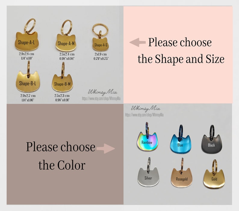 Op de afbeelding: Katvormige huisdier-ID-tags in verschillende kleuren en maten. De tags zijn verkrijgbaar in goud, zilver, ros&eacute;goud, zwart, blauw en regenboog. Maten vari&euml;ren van 2x1,9 cm tot 2,9x2,8 cm. De tekst op de afbeelding luidt "Kies de vorm en maat" en "Kies de kleur".