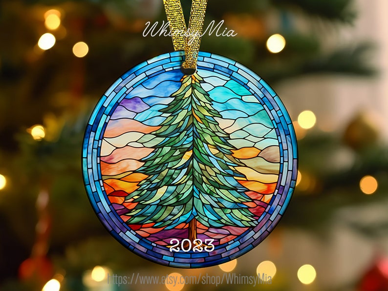 2025 Faux Stained Glass Christmas Tree Ornament: Round Ceramic ...