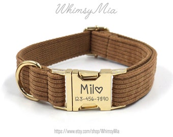 Corduroy Personalized Engraved Dog Name Collar, Custom Dog ID Collar, Dog Collar Bow Tie Leash Set, Wedding Puppy Gift