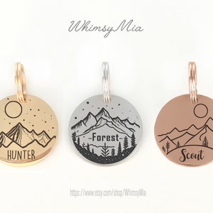 Personalized Dog Tag, Laser Engraved Mountain Forest And Sunrise Landscape Dog Tag, Cat Tag, Pet Tag, Hiking Dog Tag