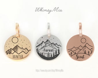 Personalized Dog Tag, Laser Engraved Mountain Forest And Sunrise Landscape Dog Tag, Cat Tag, Pet Tag