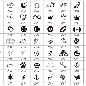 May include: A grid of black and white graphic icons, each within a square. The icons include hearts, stars, sports balls, crowns, and various other symbols. Each icon is labeled with a "C" followed by a number.
