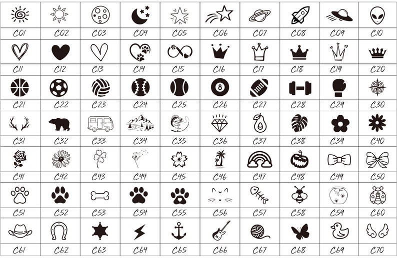 May include: A grid of black and white graphic icons, each within a square. The icons include hearts, stars, sports balls, crowns, and various other symbols. Each icon is labeled with a "C" followed by a number.