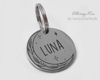 Personalized Cat Tag, Engraved Dog Tag, Custom Collar Tag, Luna Cat Tag, Cat ID Tag, Puppy ID Tag, Chipped Moon Cat Tag, Pet Name Tag