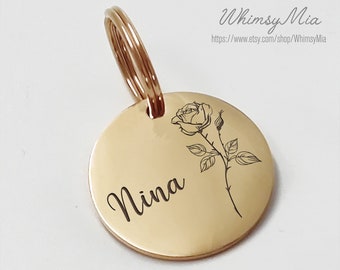 Gepersonaliseerde huisdiertag met geboortebloemen, gegraveerd honden- en kattennaamkaartje met bloemen, hondenpenning roos, aangepast bloemenkaartje verjaardag