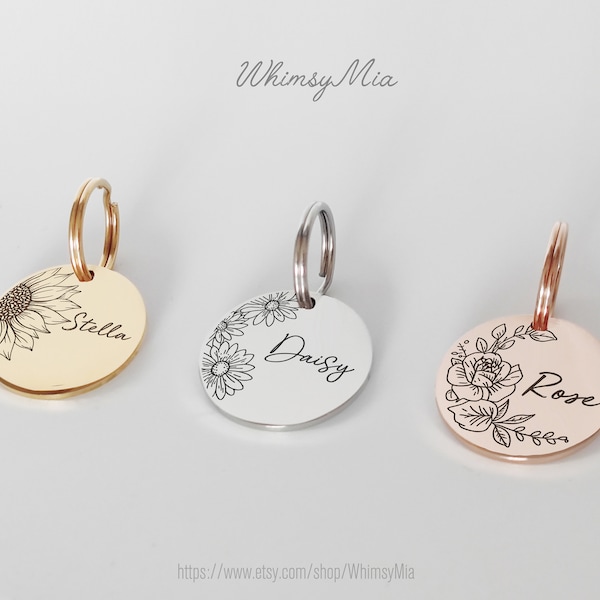 Etiqueta de nombre de perro floral personalizada, etiqueta de nombre de gato, etiqueta de identificación de mascota, etiqueta de perro, etiqueta de gato, etiqueta de collar de gato de perro, etiqueta de mascota personalizada, regalos de amante de mascotas, etiqueta perdida