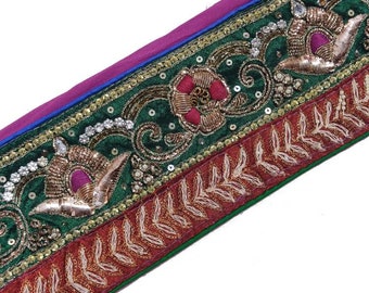 2 Yards Silk Green Indian Saree Border SewOn Sequins Zari Embroidery 7.5cm Trims