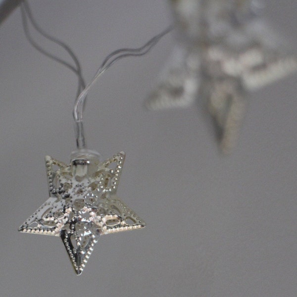 Silver Moroccan Star Lights, Fairy Lights, Battery Powered, Christmas Lights