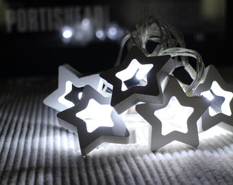 Wooden White Star Fairy Lights, Battery Powered Valentines Gift