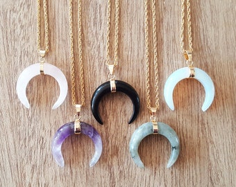 Double Horn Pendant Necklace | Gold Option | Labradorite, Rose Quartz, Opalite, Amethyst, Black Onyx, Lapis Lazuli, Tiger Eye | Gift for Her