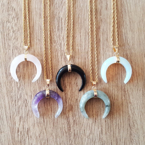 Double Horn Pendant Necklace | Gold Option | Labradorite, Rose Quartz, Opalite, Amethyst, Black Onyx, Lapis Lazuli, Tiger Eye | Gift for Her