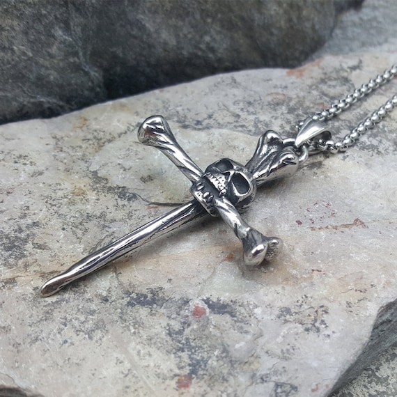 Collana Con Ciondolo A Croce Con Teschio In Argento Retrò - Foto 7