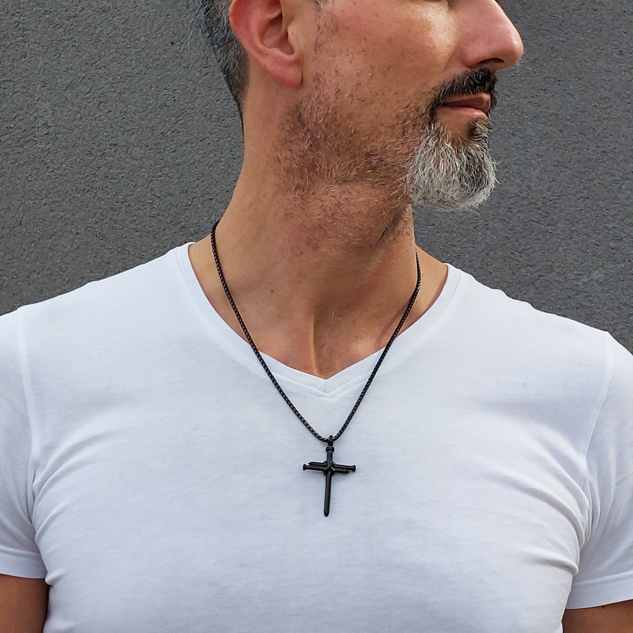 Collier Croix Chrétienne Pour Homme - 2 Pièces Argent Et Noir - Chaîne Acier Inox 3mm, Longueur 60 Cm