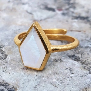 Moonstone Ring | Pentagon Shape | White Stone Ring | June Birthstone Ring | Gold & Silver Option | Adjustable Sizes US 4-10 | Gift for Her