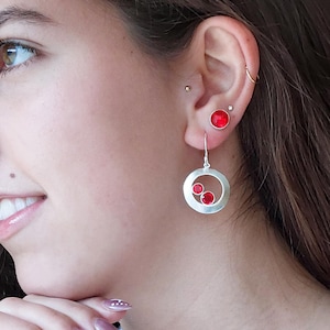 Ruby Circle Dangle Earrings  | Red Gemstone Drops | 18CT Gold Vermeil or Sterling Silver | Eco-Friendly | July Birthstone | Gift For Her