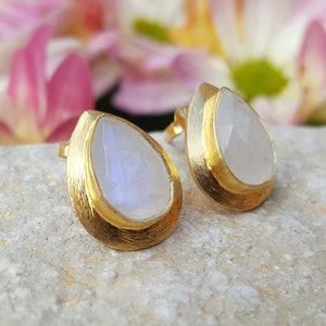 Moonstone Stud Earrings | White Teardrop Gemstone Earrings | June Birthstone Jewelry | Gold & Silver Options | Elegant Gift for Her