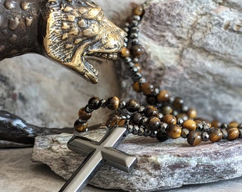 Nazareth Store Collana Rosario Uomo In Onice Nero O Occhio Di Tigre: Gioiello Religioso Con Croce In Lega Nera, Regalo Per Lui - 6