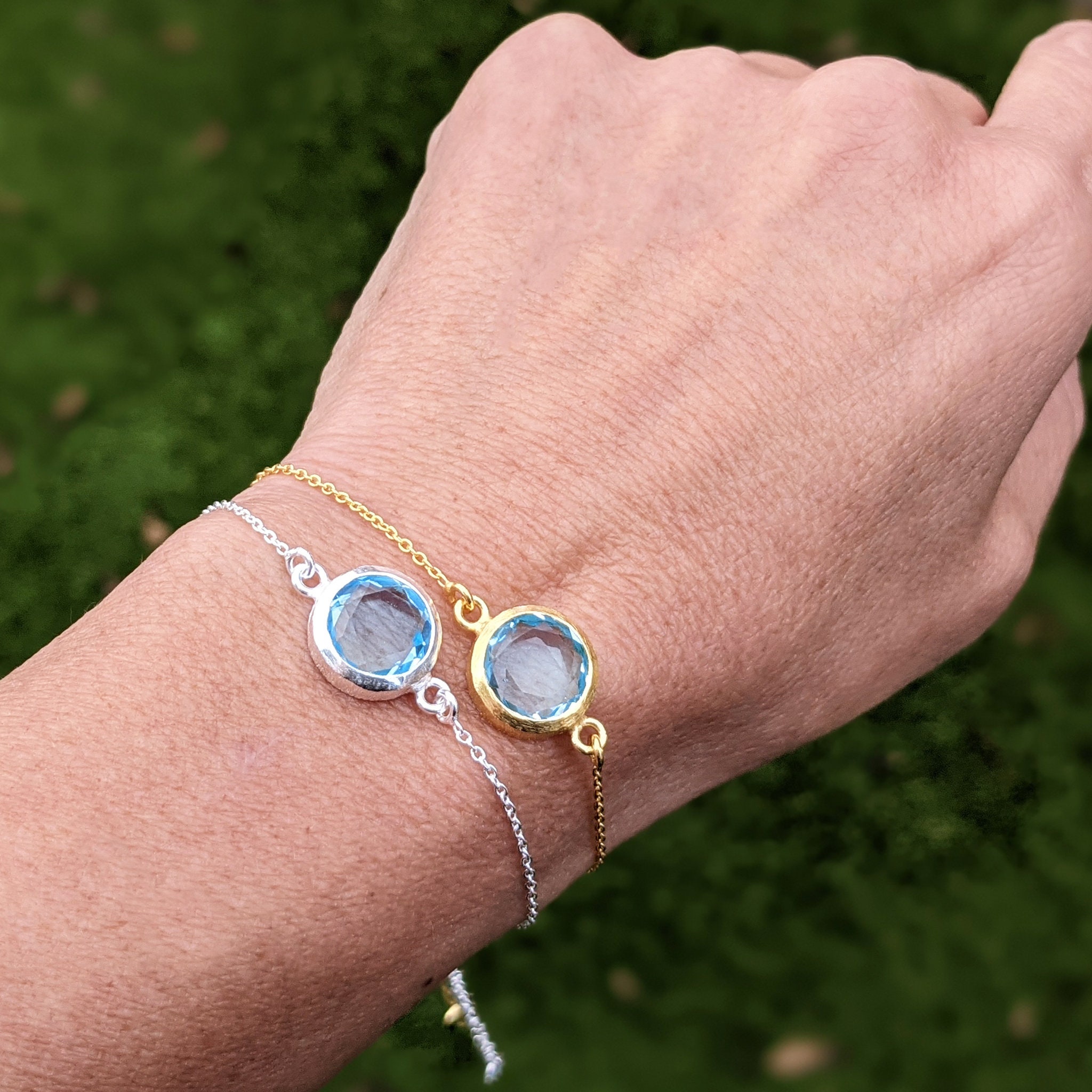 Blue Topaz Round Circle Bracelet | Adjustable Bracelet | Gold