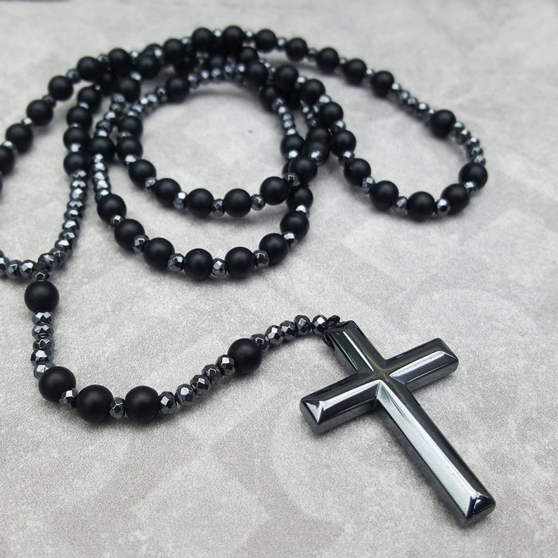 Alex Rosary Necklace. Necklace for Men. Hematite. Crucifix. Onyx Stone Onyx. Catholic Christian Religious. Mens Jewellery. Gift For Him zdjęcie 2