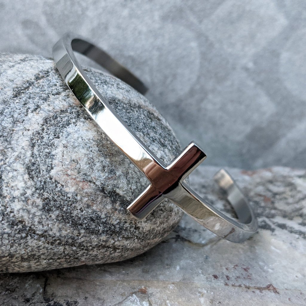 Men's Cross Bangle | Stainless Steel Bracelet in Silver or Black