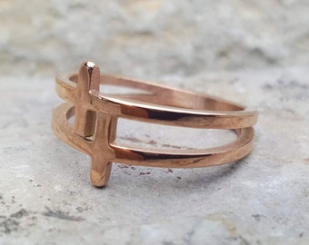 Cross Ring Rose Gold , Gold Band, Wedding Ring, Bridesmaid, Rose gold stack ring, Double Cross Ring, Gift for women and men