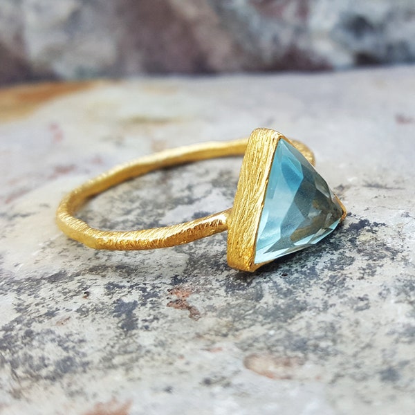 Women's Rings. Gold ring. Blue Topaz Women. November . Triangle. Gift for her wife. Gemstone ring. Mother's day. Geometric. Anniversary