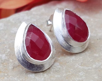 Ruby Stud Earrings | Rose Red Teardrop Gemstone | Gold & Silver Options | July Birthstone | Elegant Gift for Her