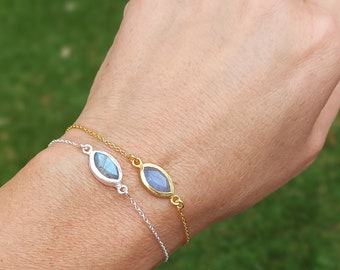 Labradorite Marquise Silver Bracelet, Gold Bracelets, Birthstone, Blue Gemstone, Gift For woman, Gift for Her, Adjustable, Christmas