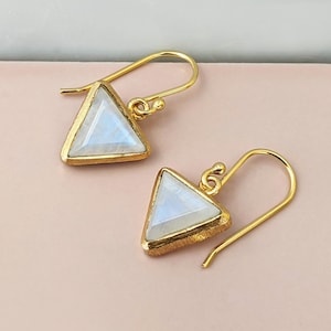 Moonstone Triangle Dangle Earrings | White Gemstone Drop Earrings | 18K Gold Vermeil | Women&#39;s Jewellery | Birthstone Gift for Her