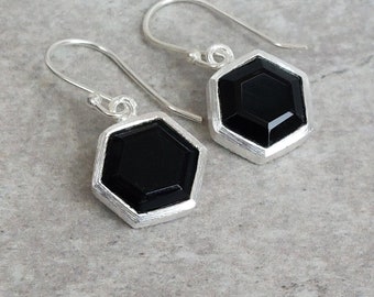 Hexagon Black Onyx Silver Earrings. Dangle Drop earrings. Geometric jewellery. December Birthstone. Jewelry gift for Her. Black Stone