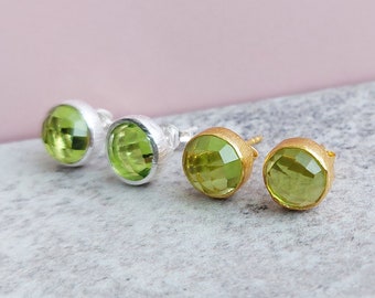 Peridot Round Stud Earrings | Gold & Silver | Delicate Yellow Green Gemstone Jewellery | August Birthstone | Unique Minimalist Earrings