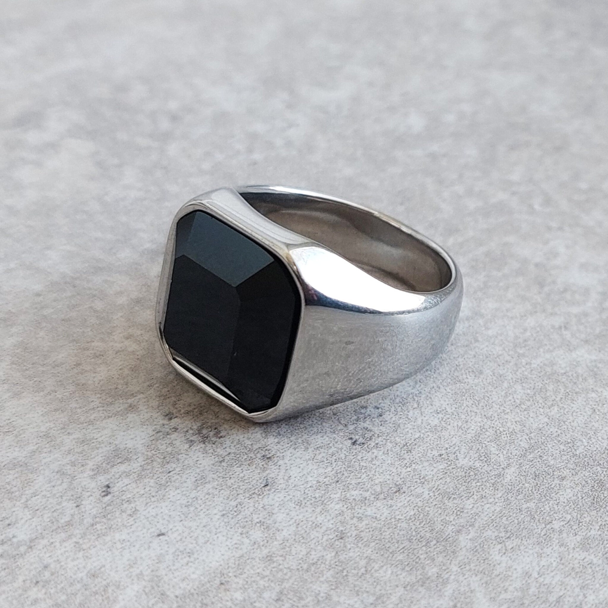 Black Onyx Men Ring. Mens Stainless Steel Ring. Gemstone Black