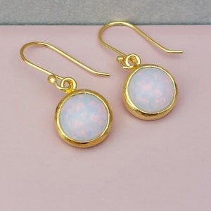 Opal Round Dangle Earrings | 18K Gold Vermeil | White Iridescent Gemstone | October Birthstone | Gift for Her | Zodiac Libra Stone